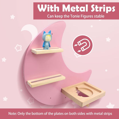 Magnetisches Holzregal 4er Set Kompatibel mit Tonies – Mond & Sterne | Wandmontage, Passend für Hörspieler 1 & 2