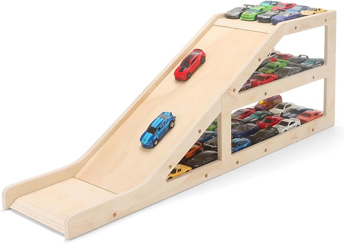 3-Tier Wooden Car Garage – Holds 60+ Cars, Racetrack & DIY Paintable