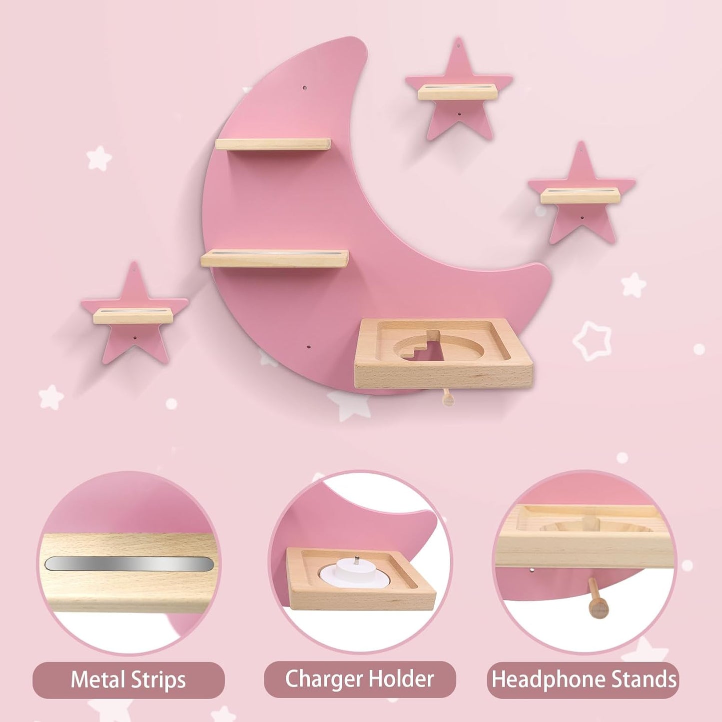 Magnetisches Holzregal 4er Set Kompatibel mit Tonies – Mond & Sterne | Wandmontage, Passend für Hörspieler 1 & 2