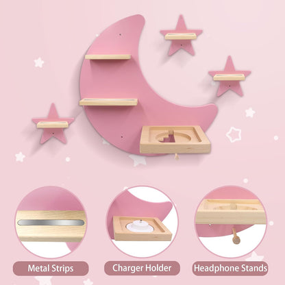 Magnetisches Holzregal 4er Set Kompatibel mit Tonies – Mond & Sterne | Wandmontage, Passend für Hörspieler 1 & 2