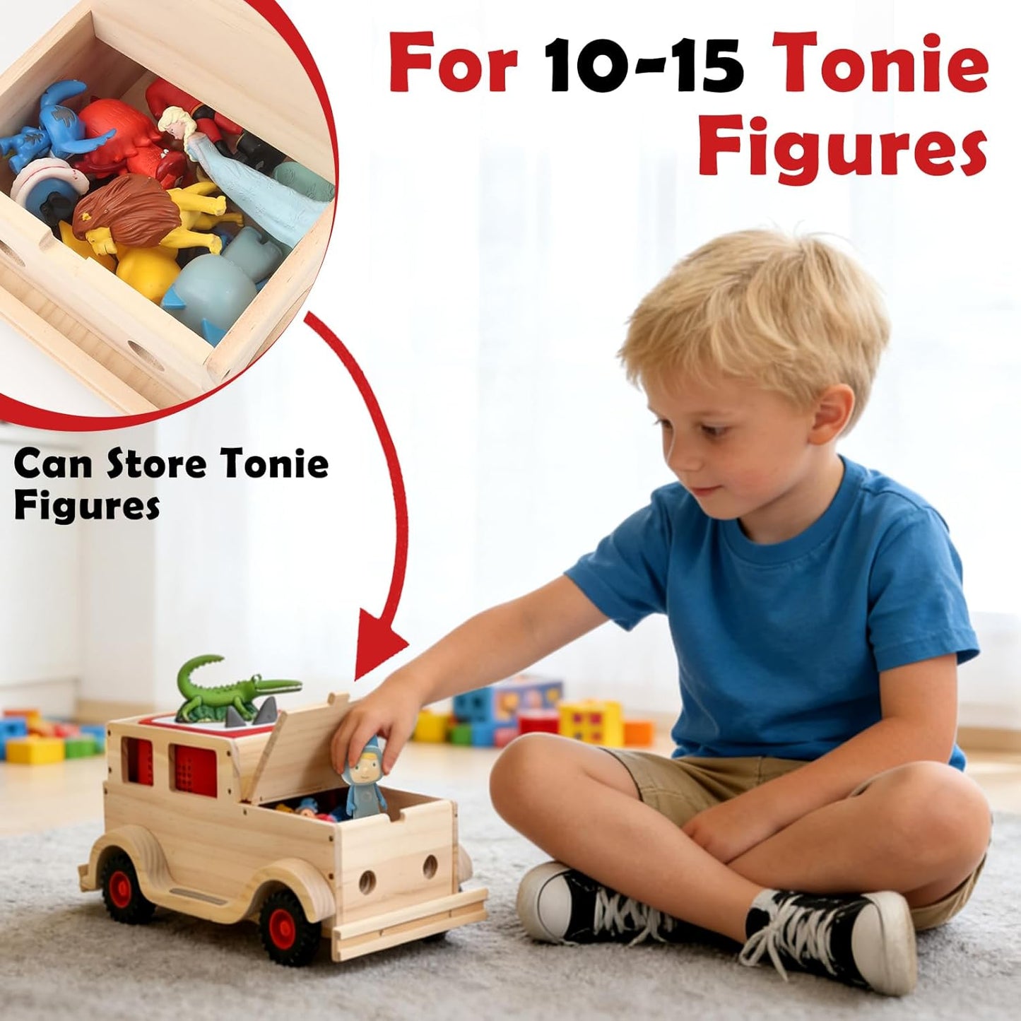 Wooden Floating Display Shelf Compatible with Tonies – Magnetic, Fits Audio Player 1 & 2 (Natural, Car)