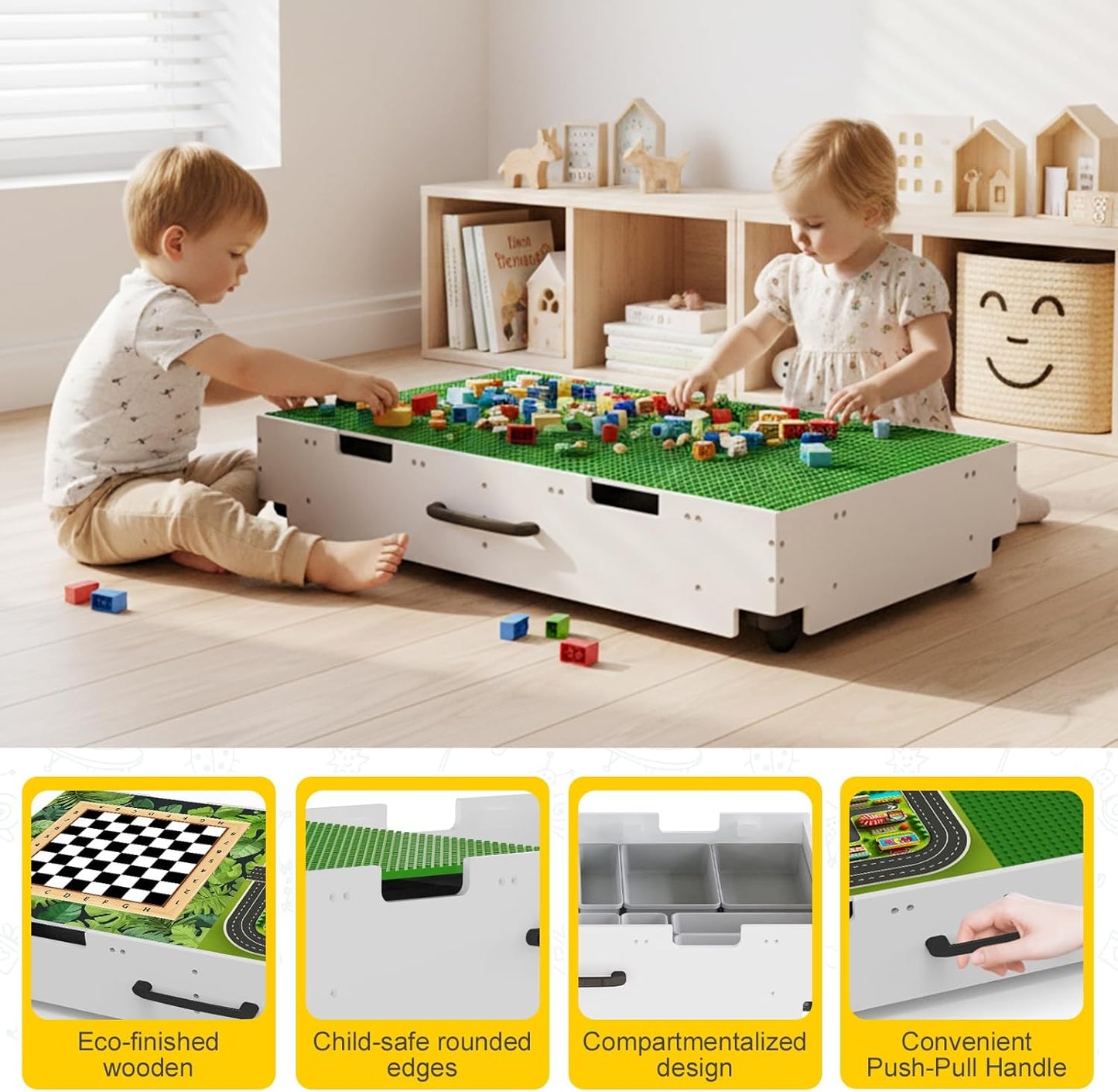 3-in-1 Lego-Tisch aus Holz mit Stauraum – Baustein-Spieltisch mit Rollen