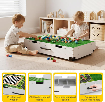 3-in-1 Lego-Tisch aus Holz mit Stauraum – Baustein-Spieltisch mit Rollen