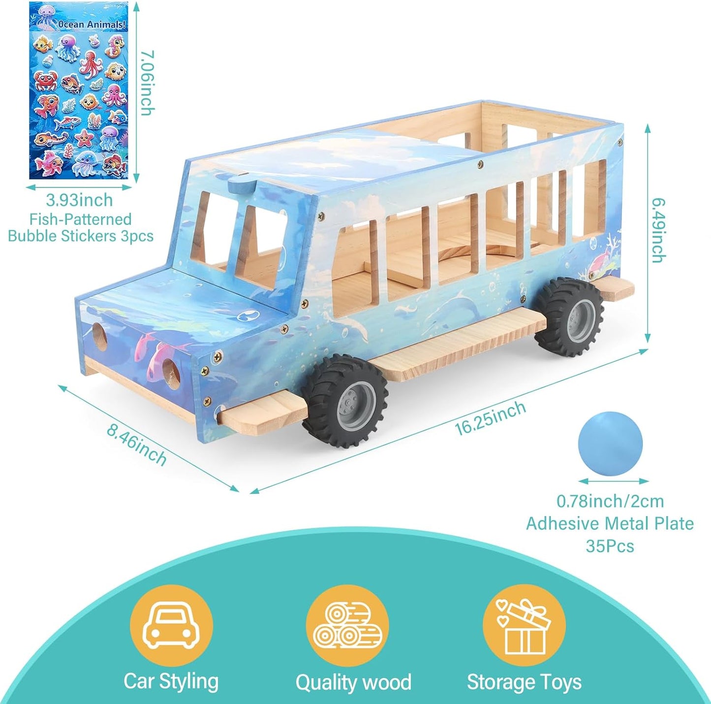 Compatible with Tonies Wooden Ocean Car Shelf – Rolling Display, Holds 15–25 Figures, Includes 35 Metal Plates + 3 Stickers
