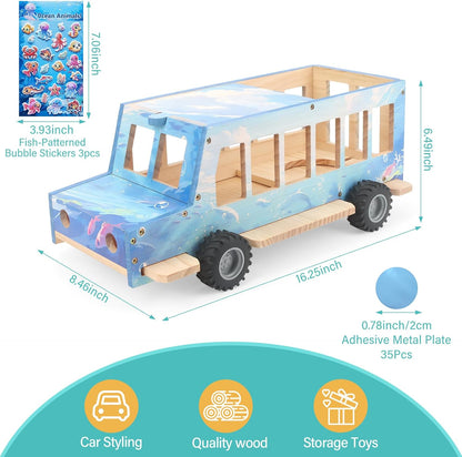 Compatible with Tonies Wooden Ocean Car Shelf – Rolling Display, Holds 15–25 Figures, Includes 35 Metal Plates + 3 Stickers