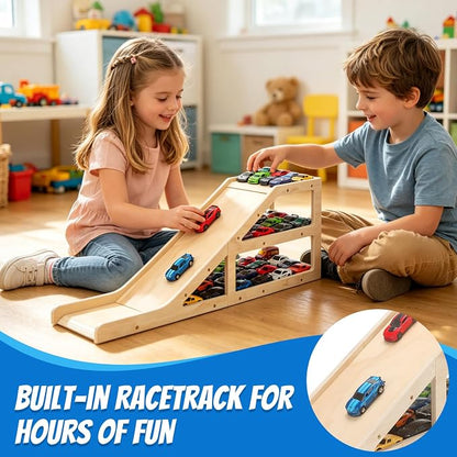 3-Tier Wooden Car Garage – Holds 60+ Cars, Racetrack & DIY Paintable