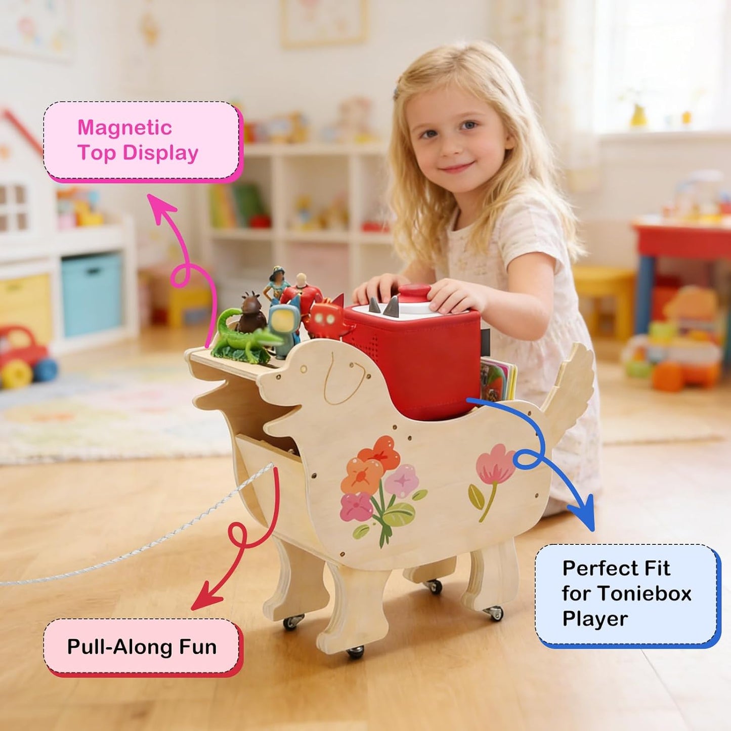 Compatible with Tonies Wooden Rolling Dog Storage Shelf – Pull-Along Toy, Holds 50+ Figures + Accessories