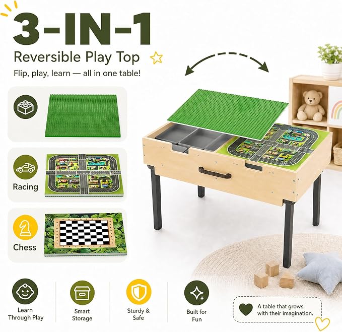 3-in-1 Wooden Kids Activity Table with Storage & Wheels