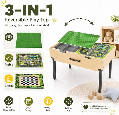 3-in-1 Wooden Kids Activity Table with Storage & Wheels