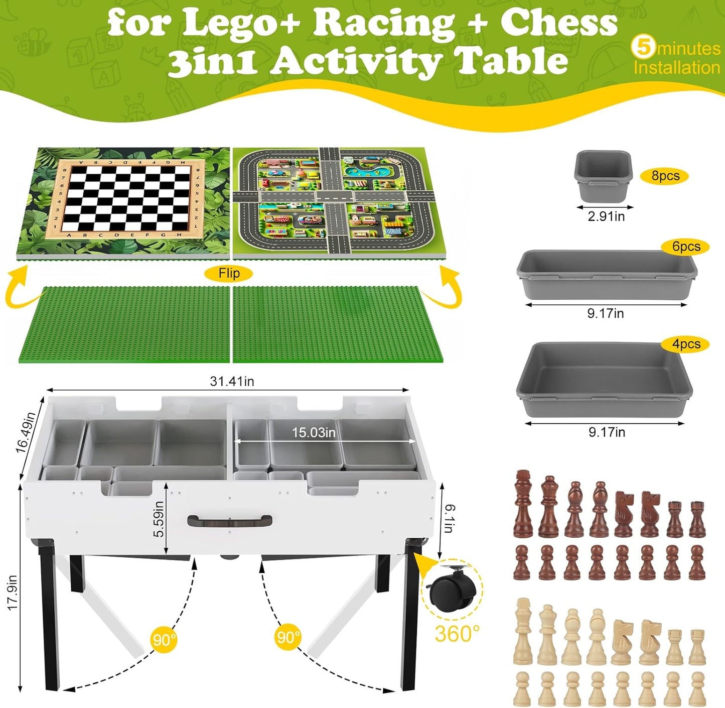 3-in-1 Lego-Tisch aus Holz mit Stauraum – Baustein-Spieltisch mit Rollen