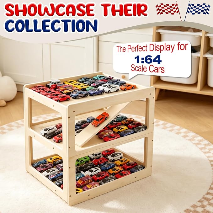 3-Tier Wooden Car Garage Display & Racetrack – Holds 40+ Diecast Cars, Natural Wood, Personalized Nameplate