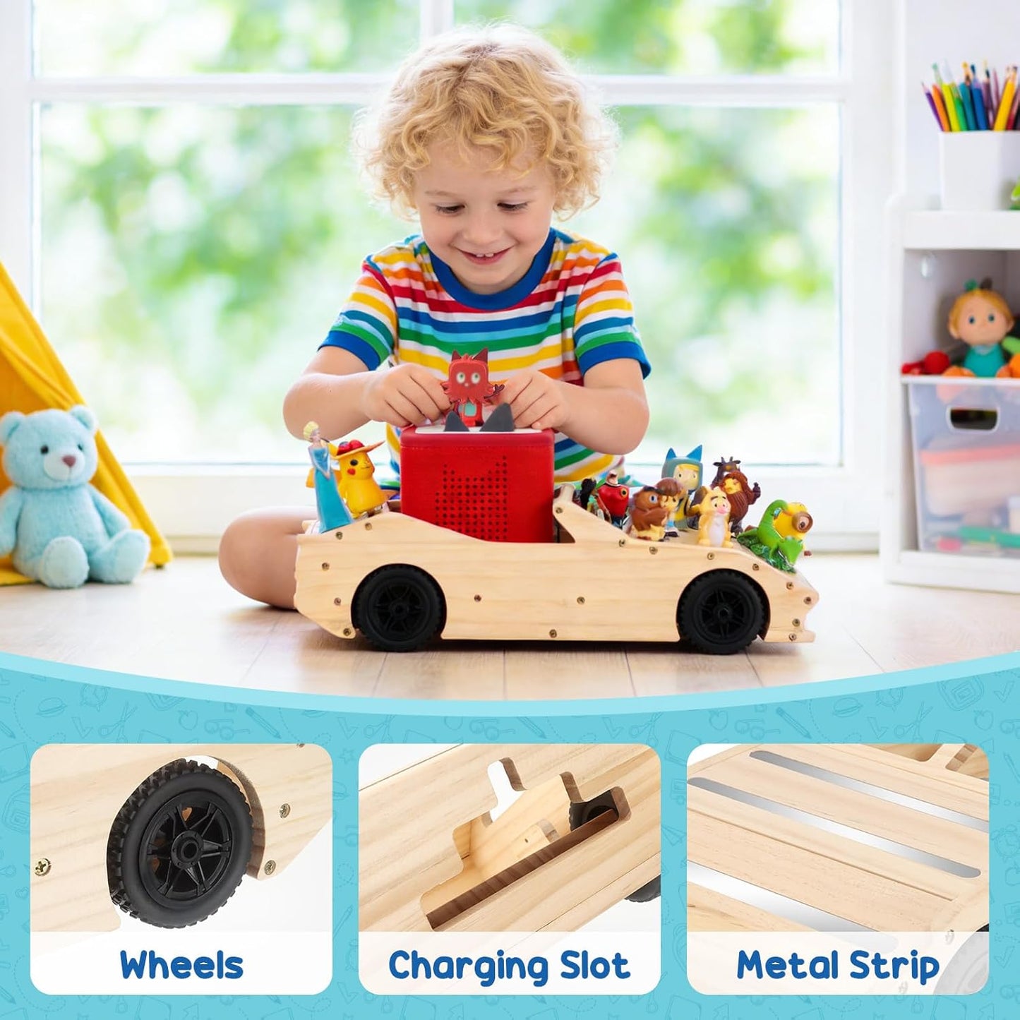 Compatible with Tonies Wooden Magnetic Sports Car Shelf – Storage & Play Trailer