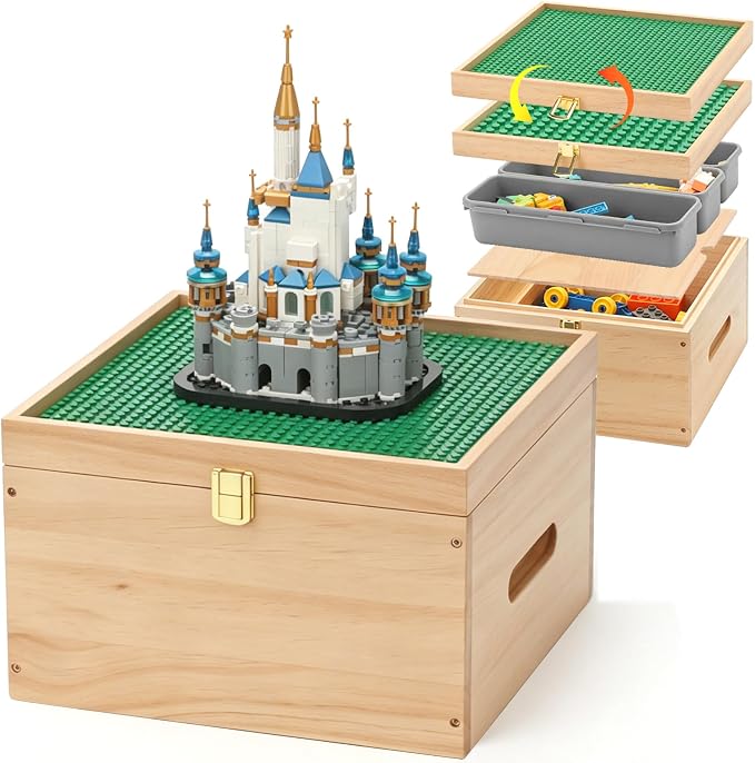 2-in-1 Wooden Building Block Storage Box with Sorting Trays