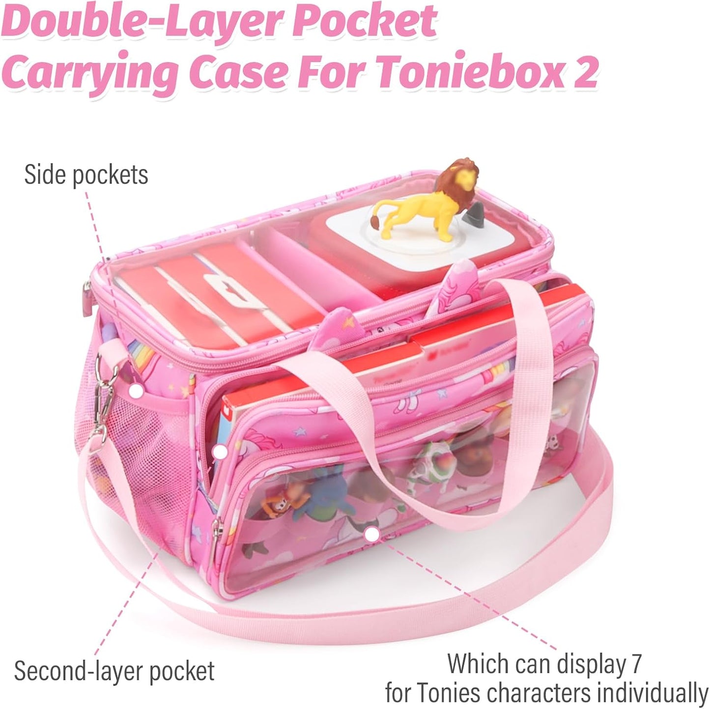 Compatible with Tonies Carrying Case – Transparent Lid Bag with Shoulder Strap, Pink