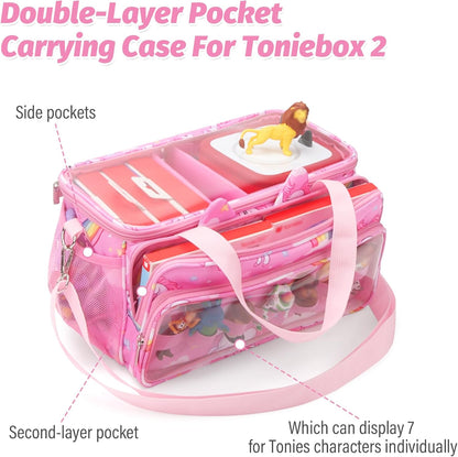 Compatible with Tonies Carrying Case – Transparent Lid Bag with Shoulder Strap, Pink