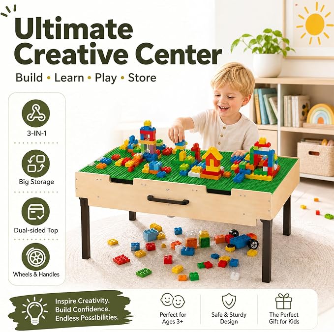 3-in-1 Wooden Kids Activity Table with Storage & Wheels