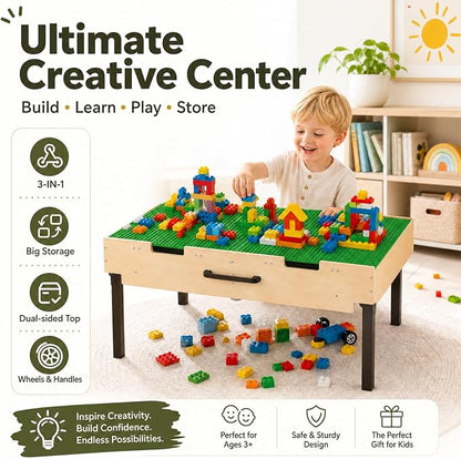 3-in-1 Wooden Kids Activity Table with Storage & Wheels