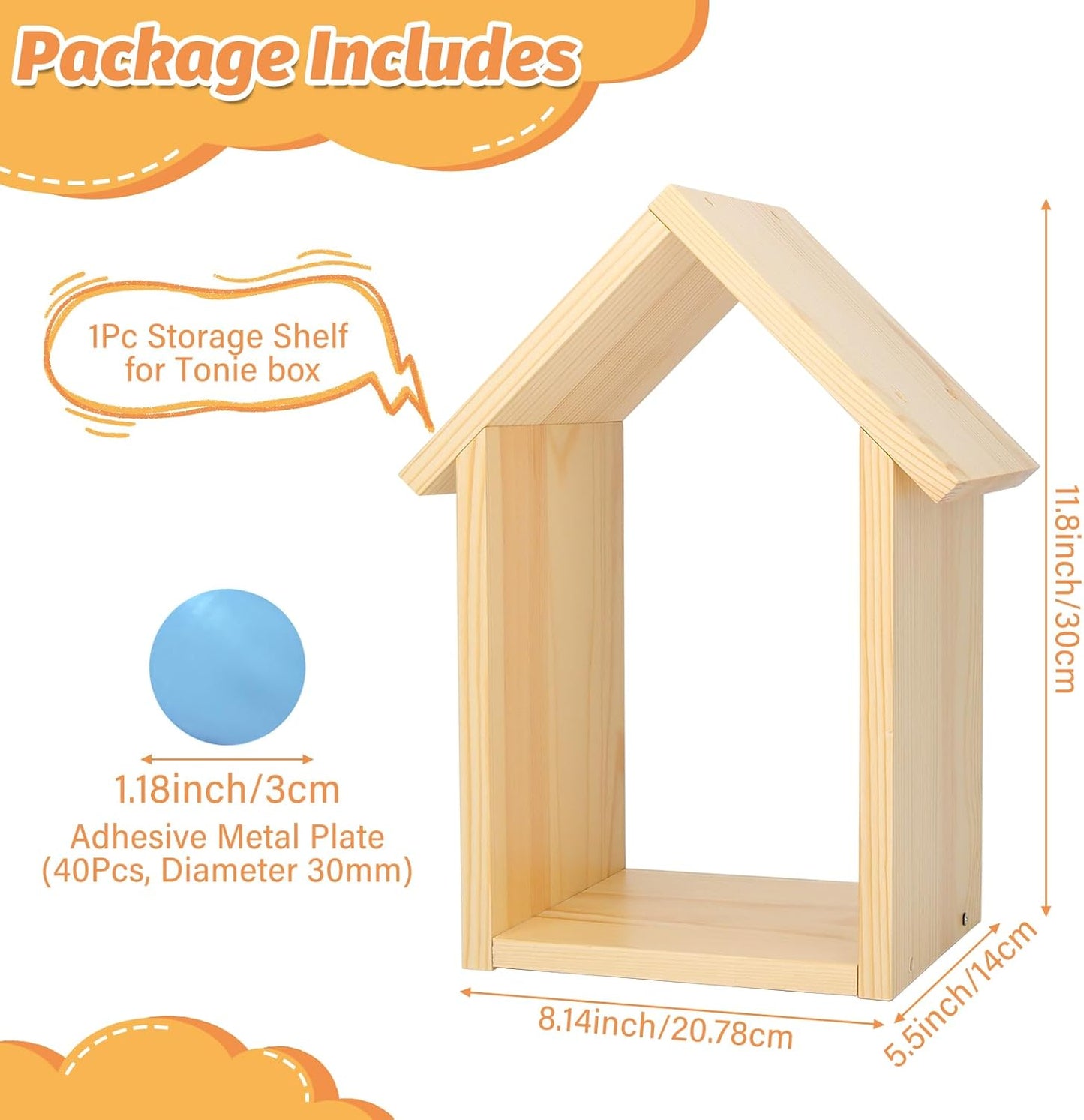 Magnetisches Holz-Display-Regal Kompatibel mit Tonies mit 35 selbstklebenden Metallplatten – Passend für Audioplayer 1 & 2