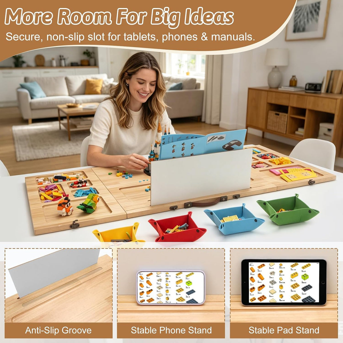 Tri-Fold Wooden Building Tray with 16 Sorting Zones