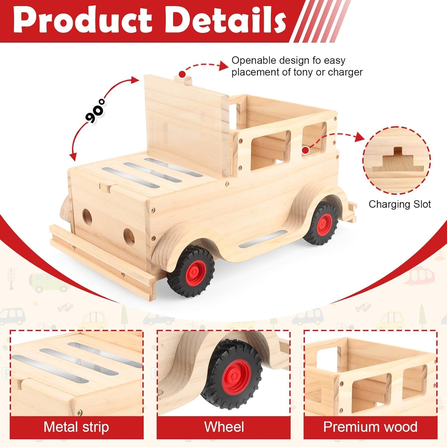 Wooden Floating Display Shelf Compatible with Tonies – Magnetic, Fits Audio Player 1 & 2 (Natural, Car)