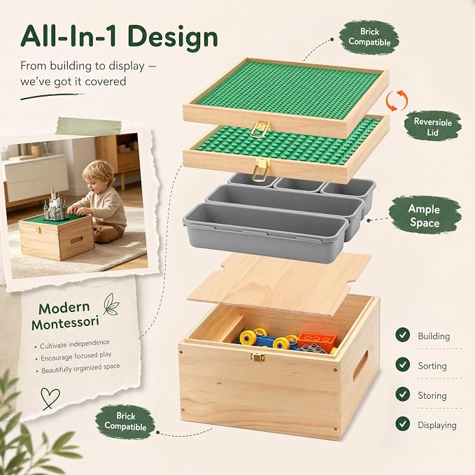 2-in-1 Wooden Building Block Storage Box with Sorting Trays