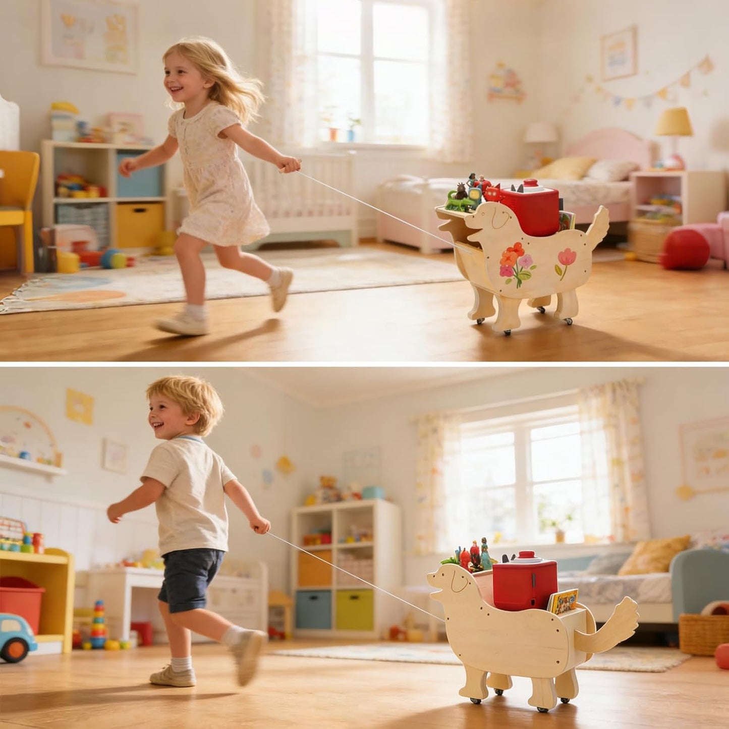 Compatible with Tonies Wooden Rolling Dog Storage Shelf – Pull-Along Toy, Holds 50+ Figures + Accessories