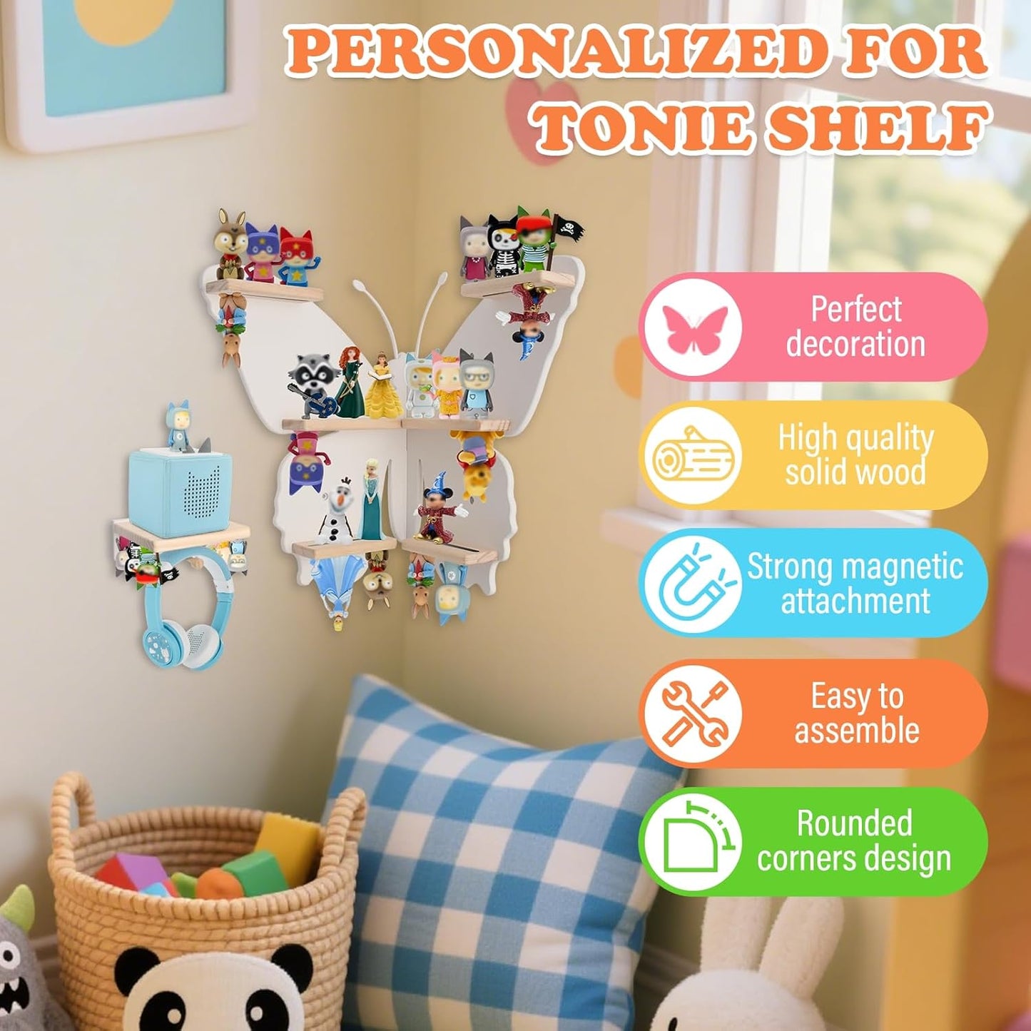 Compatible with Tonies Wooden Corner Butterfly Shelf – Wall Mounted, Holds 30–40 Figures