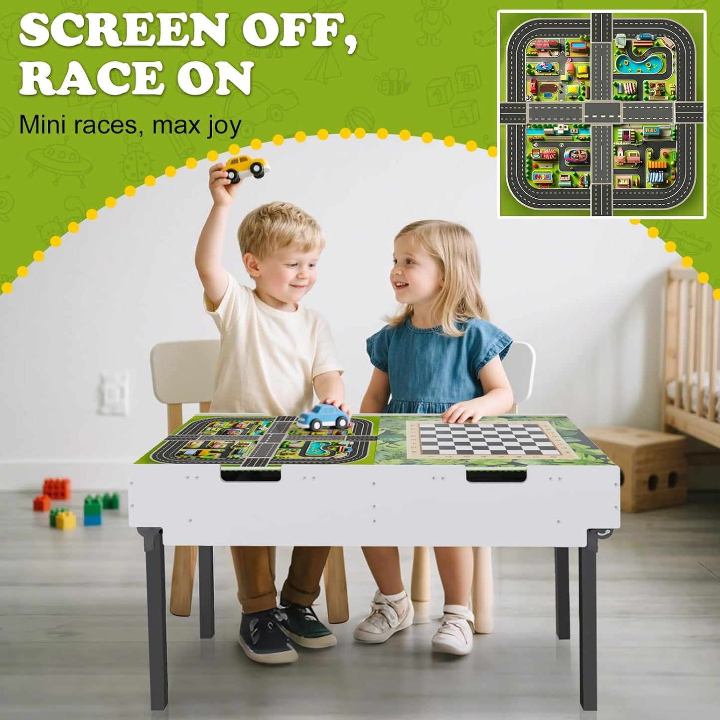 3-in-1 Lego-Tisch aus Holz mit Stauraum – Baustein-Spieltisch mit Rollen
