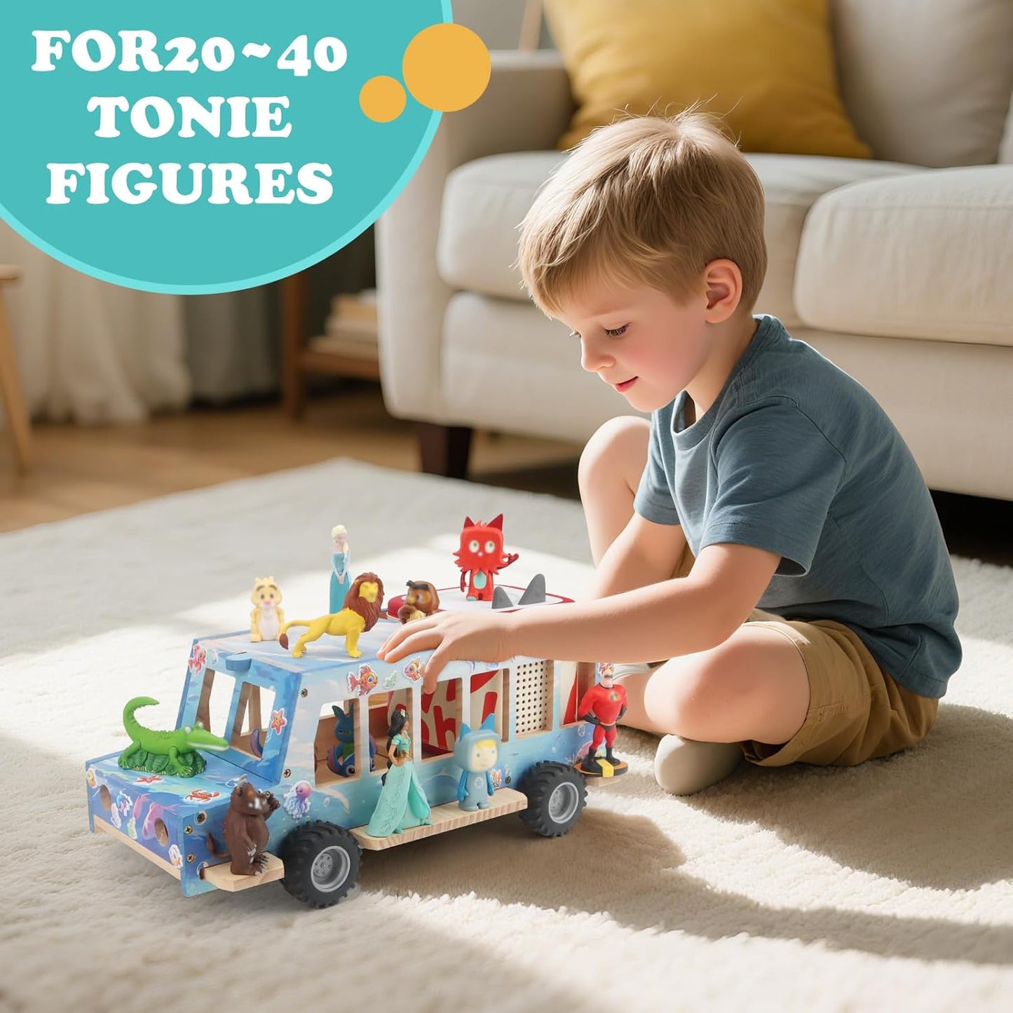Compatible with Tonies Wooden Ocean Car Shelf – Rolling Display, Holds 15–25 Figures, Includes 35 Metal Plates + 3 Stickers