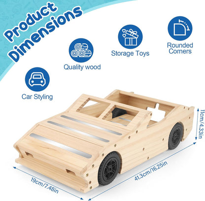 Compatible with Tonies Wooden Magnetic Sports Car Shelf – Storage & Play Trailer
