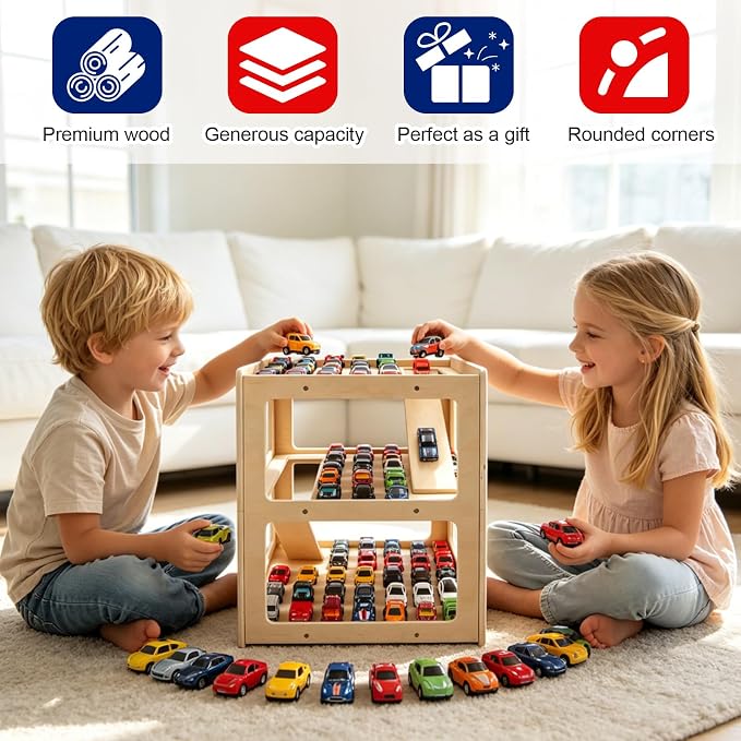 3-Tier Wooden Car Garage Display & Racetrack – Holds 40+ Diecast Cars, Natural Wood, Personalized Nameplate