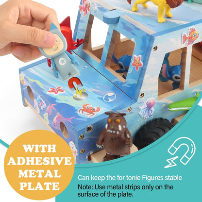 Compatible with Tonies Wooden Ocean Car Shelf – Rolling Display, Holds 15–25 Figures, Includes 35 Metal Plates + 3 Stickers