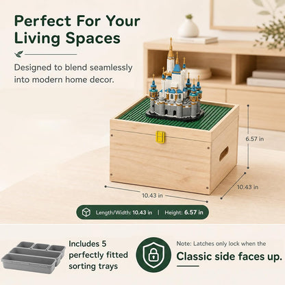2-in-1 Wooden Building Block Storage Box with Sorting Trays