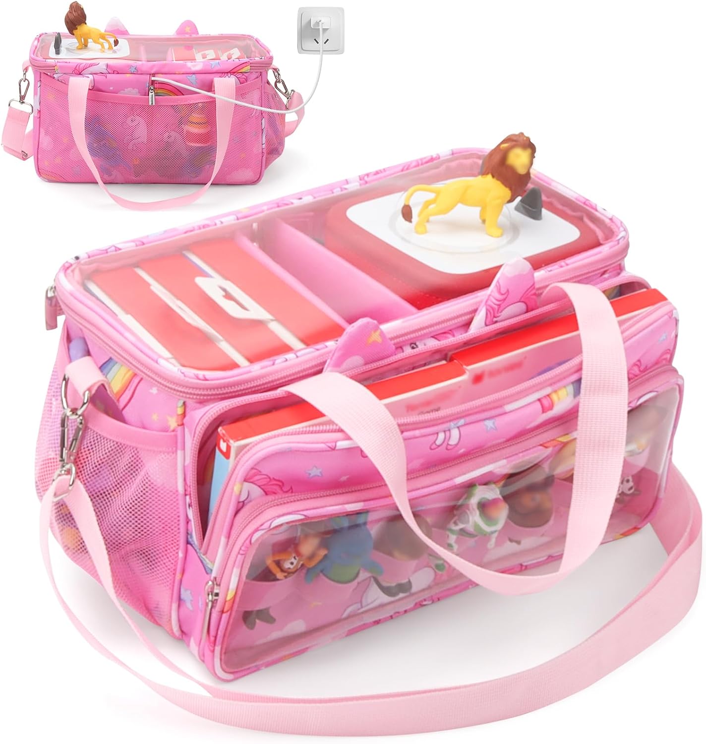 Compatible with Tonies Carrying Case – Transparent Lid Bag with Shoulder Strap, Pink