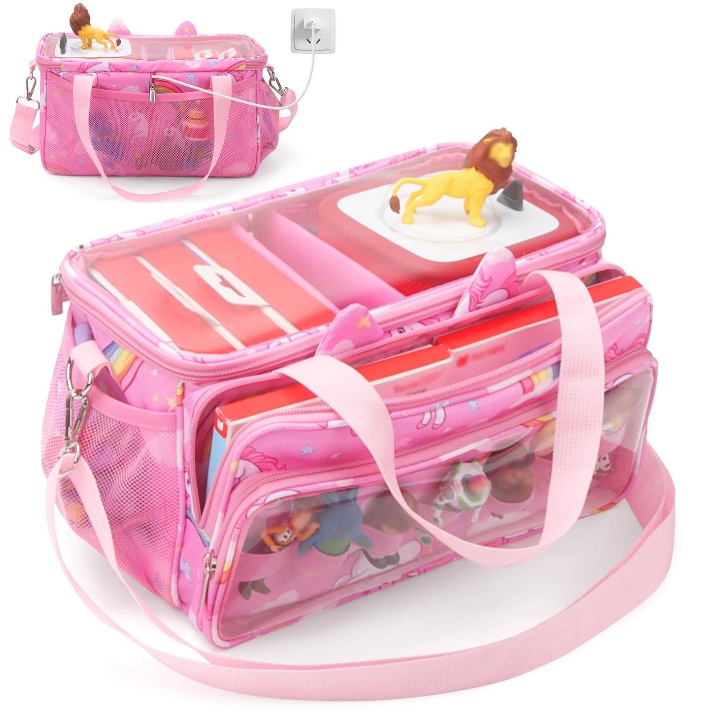 Compatible with Tonies Carrying Case – Transparent Lid Bag with Shoulder Strap, Pink