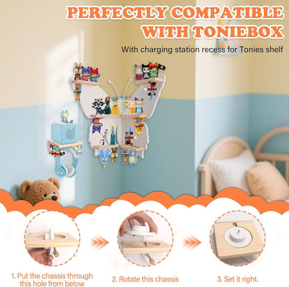 Compatible with Tonies Wooden Corner Butterfly Shelf – Wall Mounted, Holds 30–40 Figures
