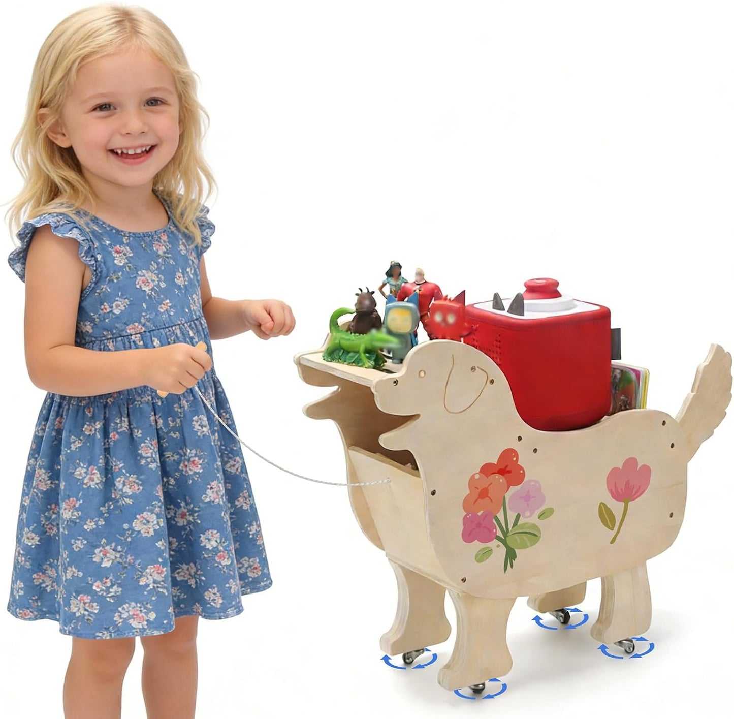Compatible with Tonies Wooden Rolling Dog Storage Shelf – Pull-Along Toy, Holds 50+ Figures + Accessories