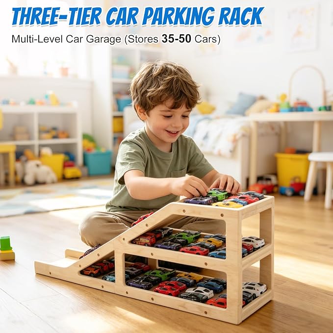 3-Tier Wooden Car Garage – Holds 60+ Cars, Racetrack & DIY Paintable