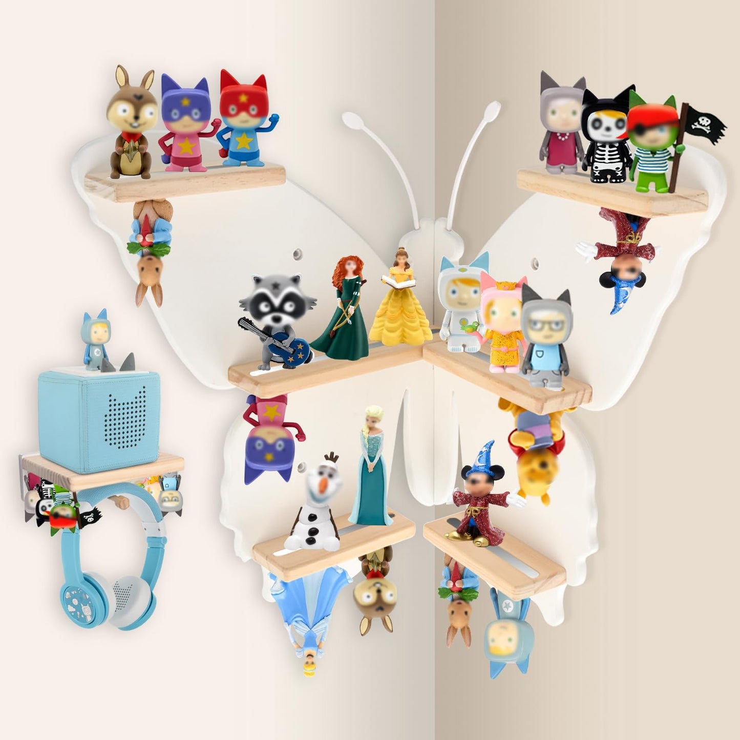 Compatible with Tonies Wooden Corner Butterfly Shelf – Wall Mounted, Holds 30–40 Figures