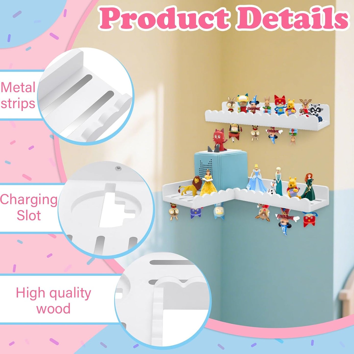 Compatible with Tonies Wooden Corner Bookshelf – Wall Mounted, Holds 30–40 Figures