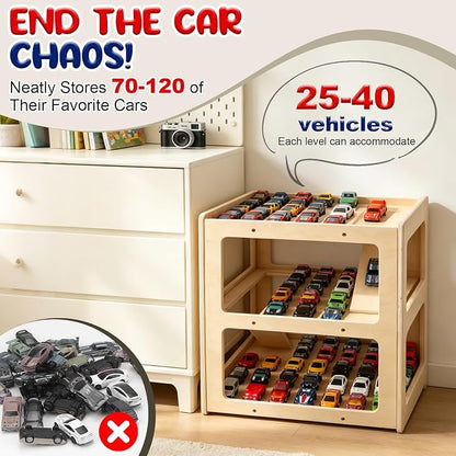 3-Tier Wooden Car Garage Display & Racetrack – Holds 40+ Diecast Cars, Natural Wood, Personalized Nameplate