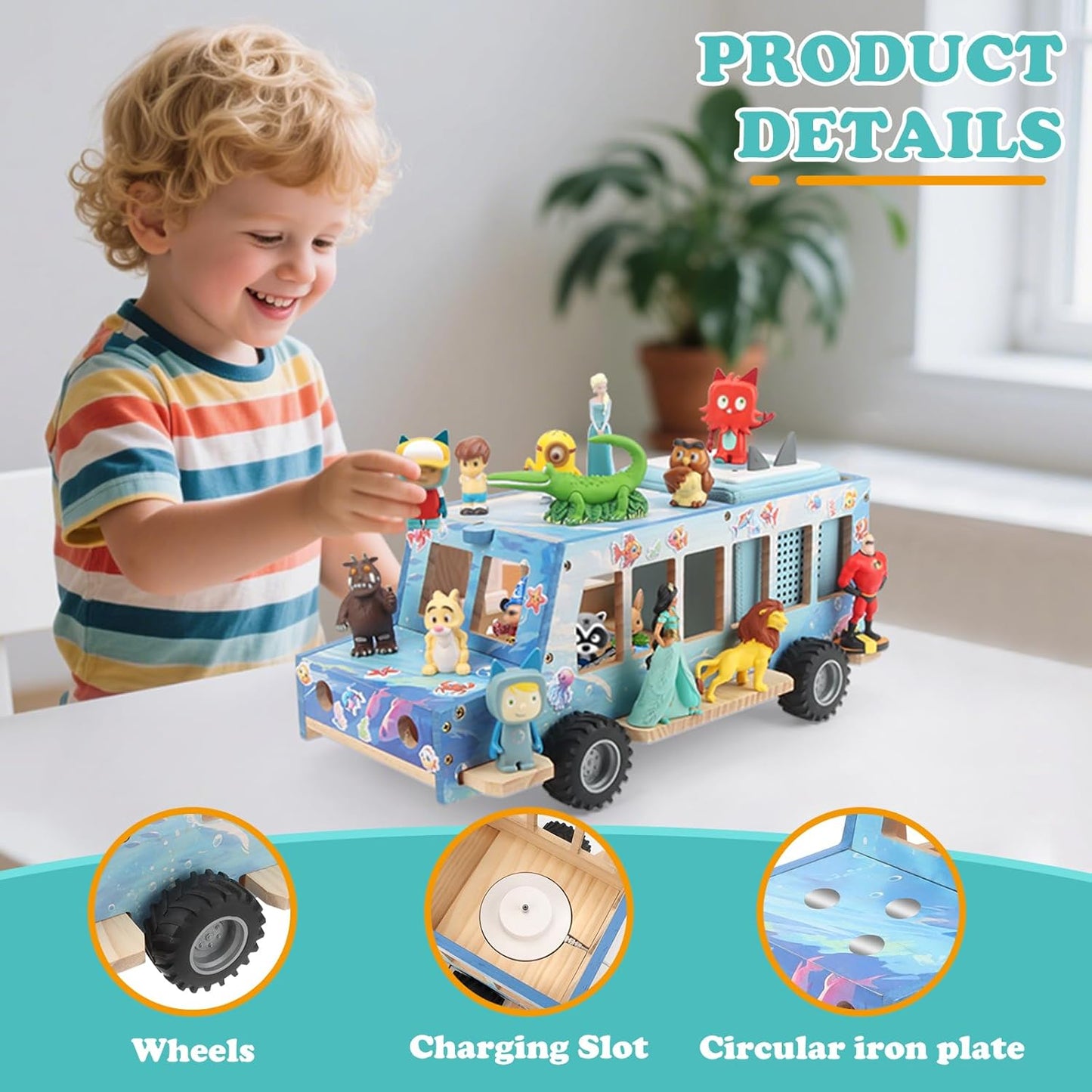 Compatible with Tonies Wooden Ocean Car Shelf – Rolling Display, Holds 15–25 Figures, Includes 35 Metal Plates + 3 Stickers