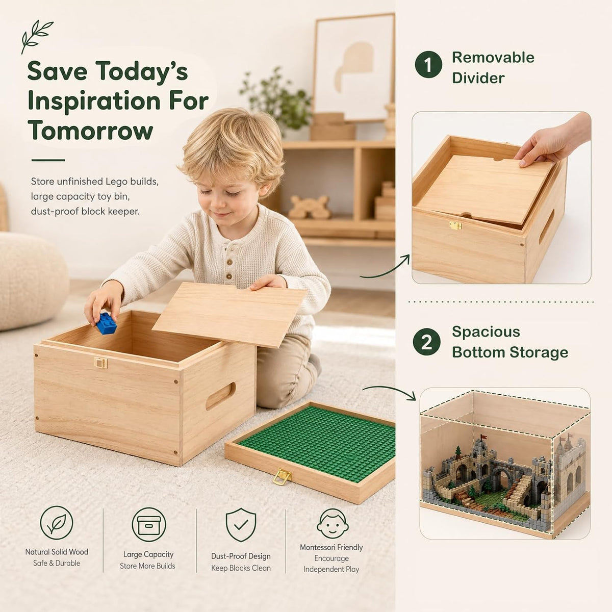 2-in-1 Wooden Building Block Storage Box with Sorting Trays