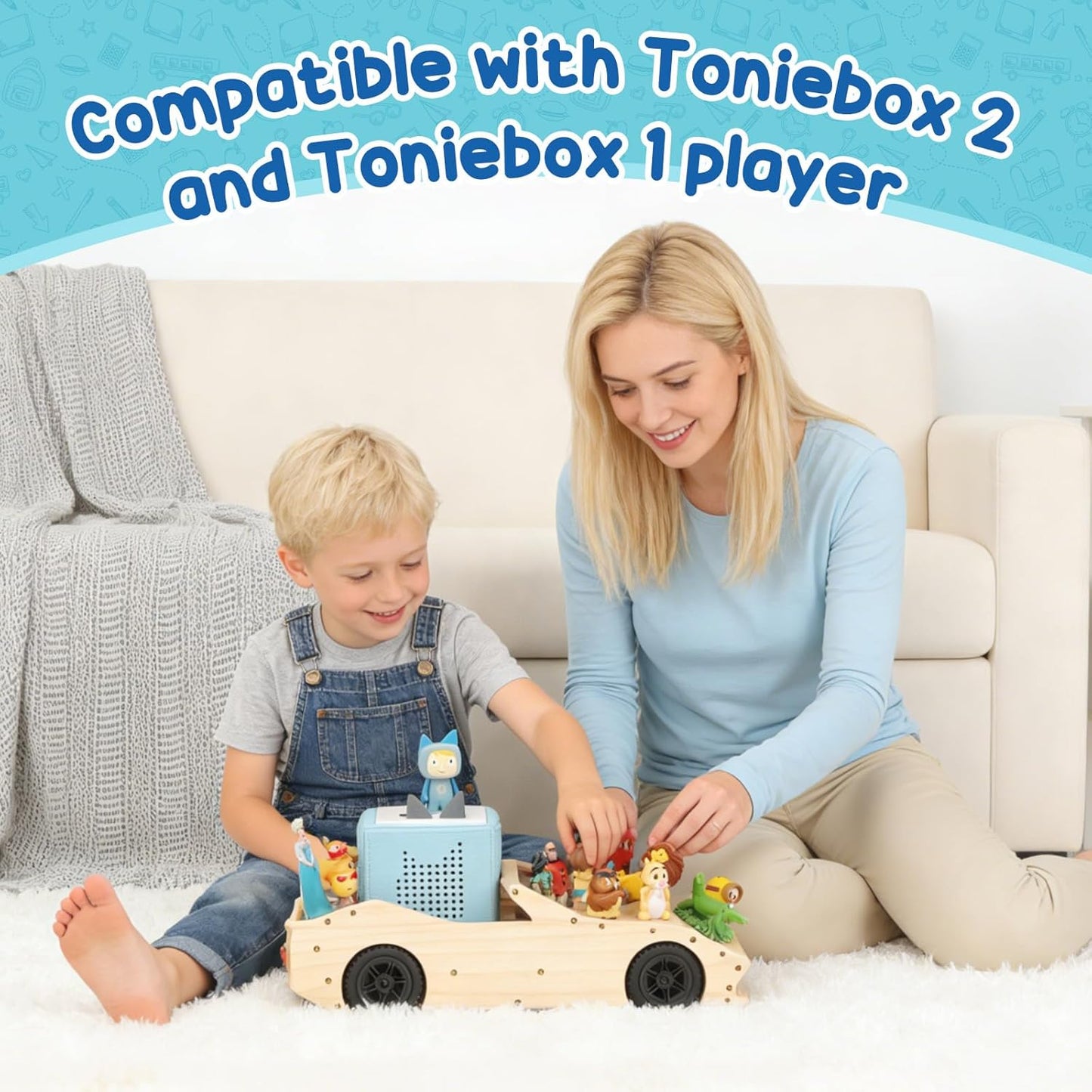 Compatible with Tonies Wooden Magnetic Sports Car Shelf – Storage & Play Trailer