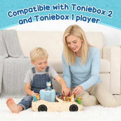 Compatible with Tonies Wooden Magnetic Sports Car Shelf – Storage & Play Trailer