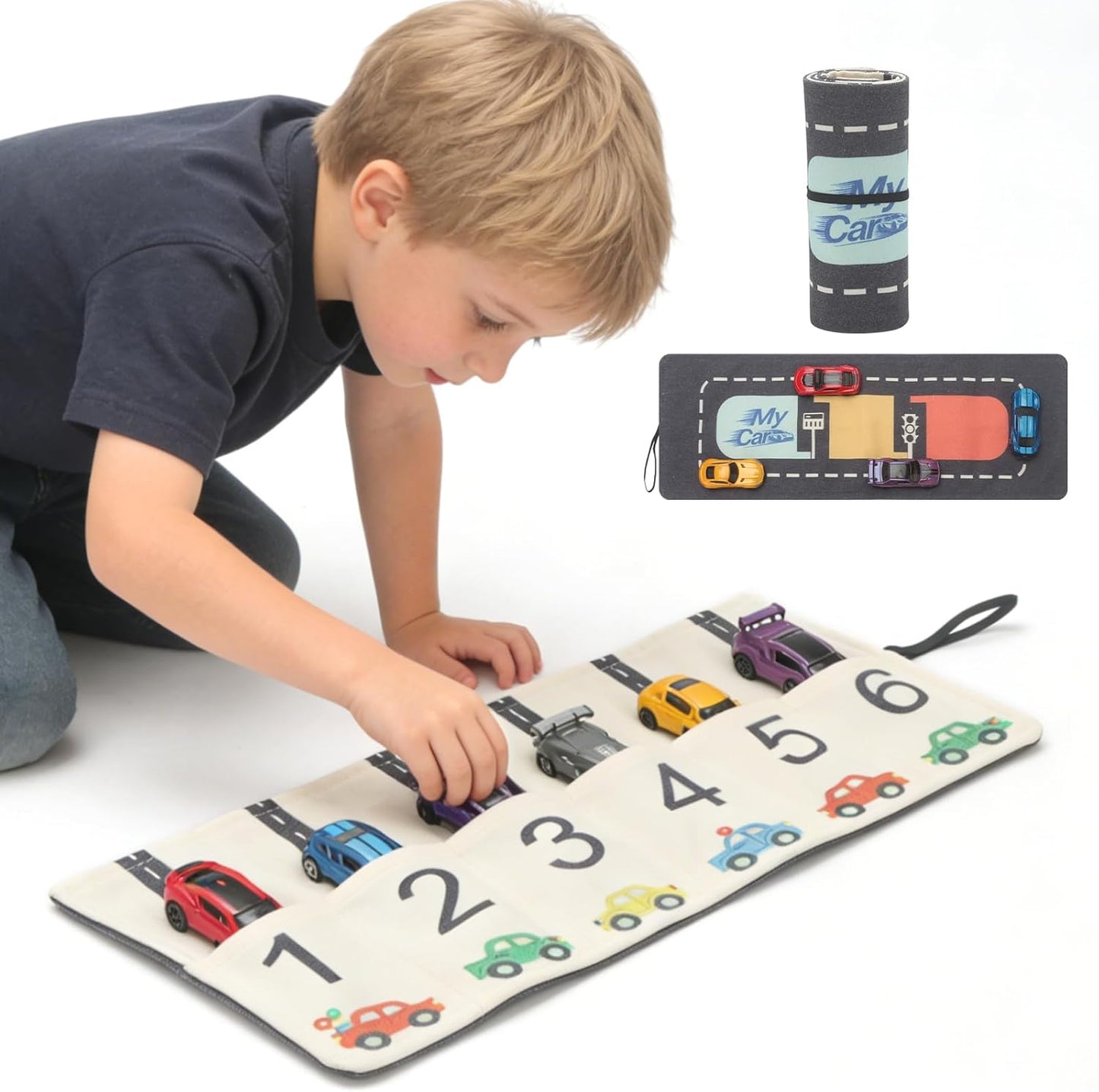 Tragbare Spielzeugauto-Aufbewahrungsrolle & Spielmatte – Reise-Tragetasche für 6 kleine Autos