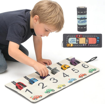 Tragbare Spielzeugauto-Aufbewahrungsrolle & Spielmatte – Reise-Tragetasche für 6 kleine Autos