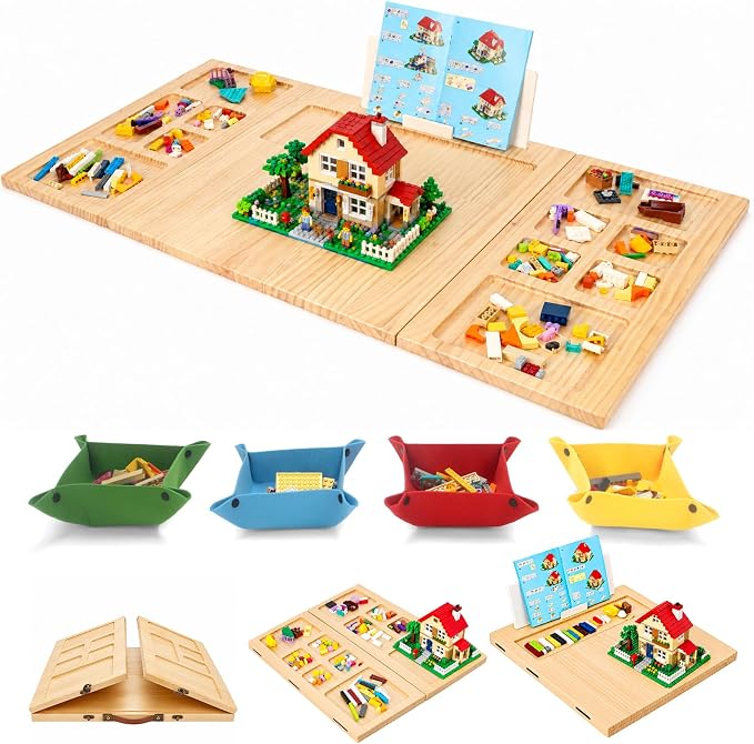 Tri-Fold Wooden Building Tray with 16 Sorting Zones
