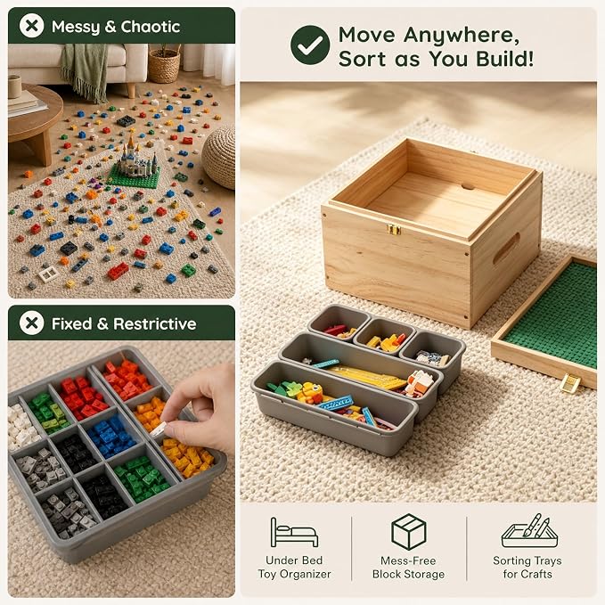 2-in-1 Wooden Building Block Storage Box with Sorting Trays