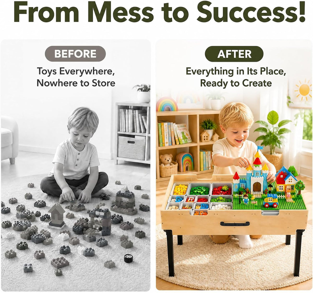3-in-1 Wooden Kids Activity Table with Storage & Wheels